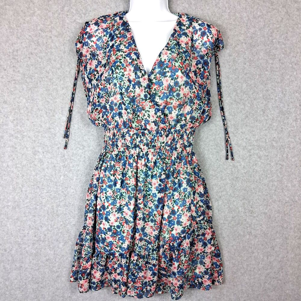 BCBG Paris Womens Cinched Waist Ruffle Dress Small Floral Cottagecore Peasant
